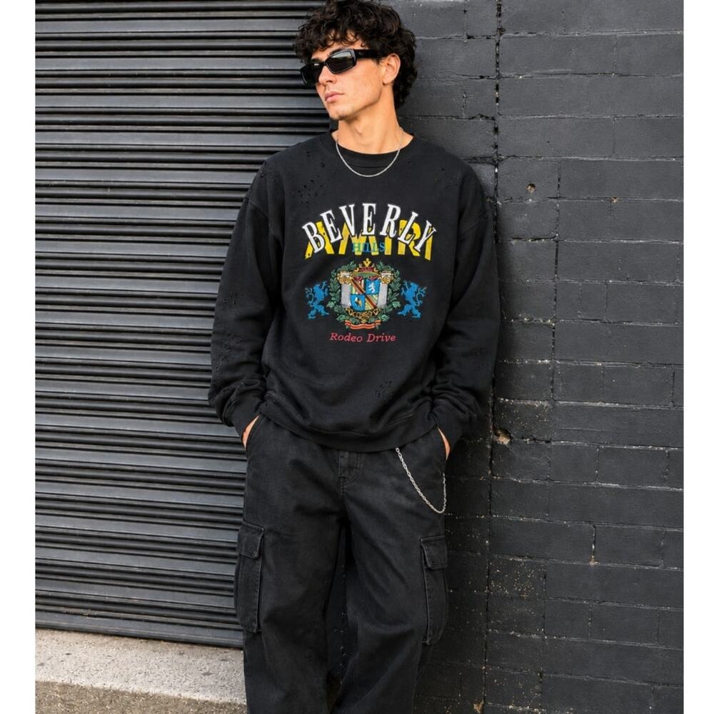 AMIRI Beverly Hills Rodeo Drive Distressed Graphic Sweatshirt Black Sz L $895 C4